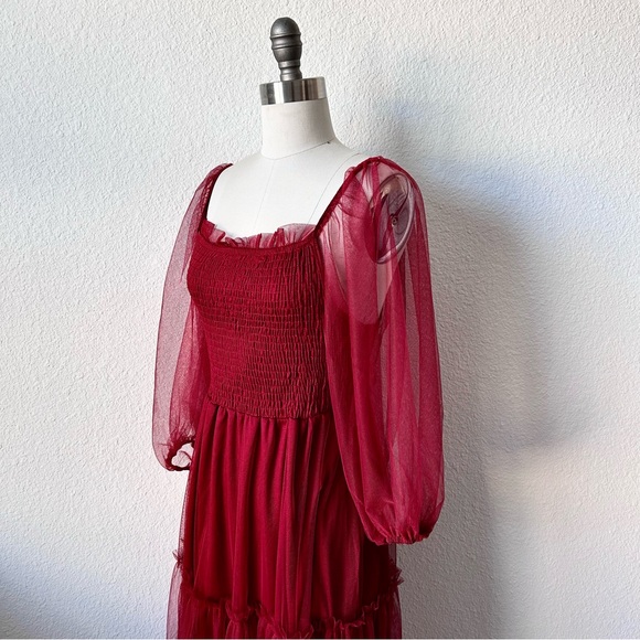 HOLIDAY BALLERINA WINE RED MESH LONG SLEEVE MIDI DRESS - Picture 4 of 9